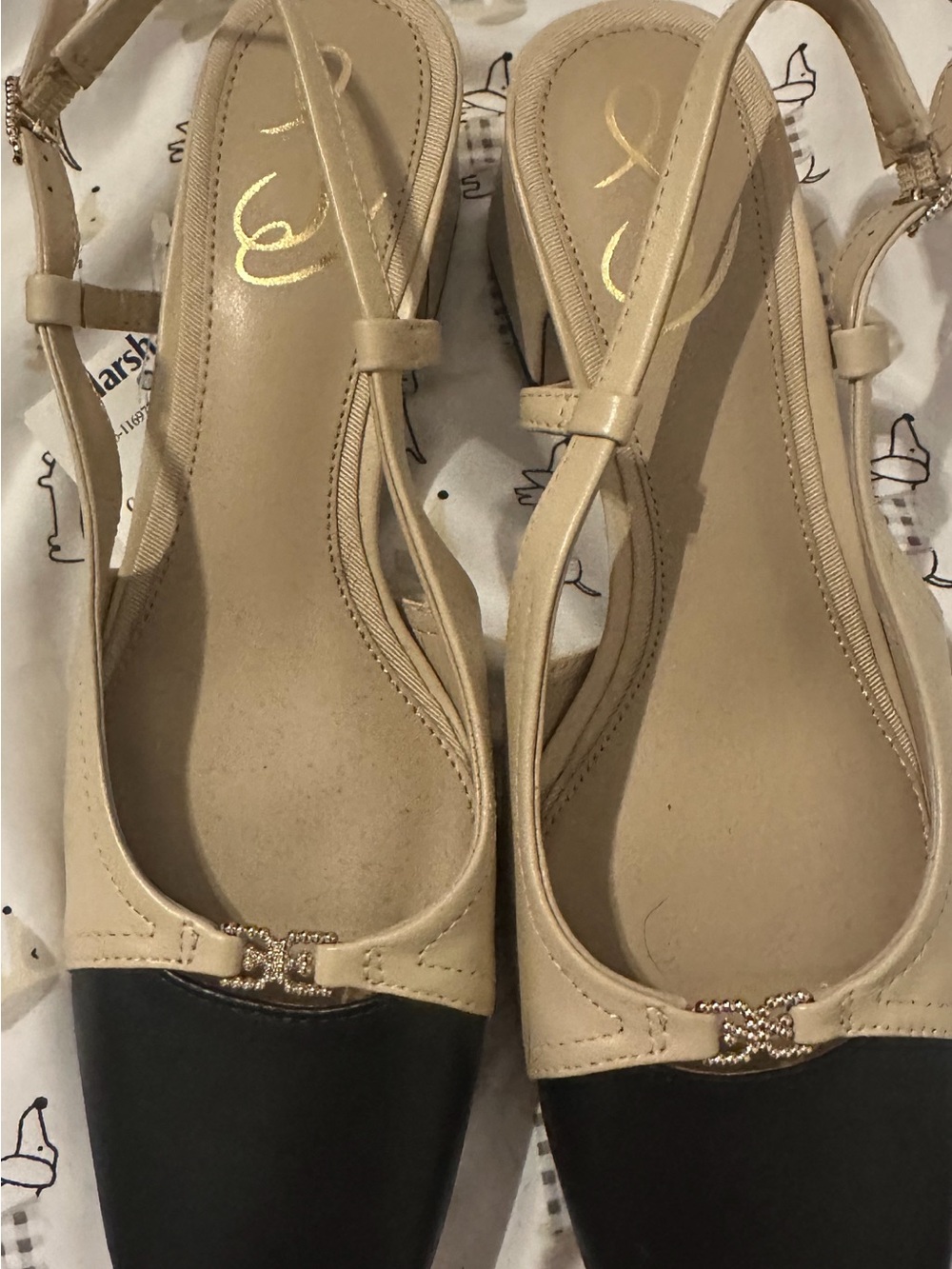 Sam Edelman Beige and Black Slingback Block Heels with Gold Logo